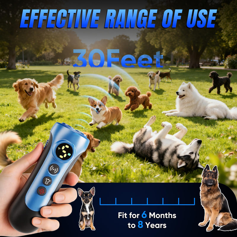 Dog Bark Deterrent Device - 3X Ultrasonic Anti-Bark Device with 5 Adjustable Levels, 30ft Range for Indoor/Outdoor Use Rechargeable & Portable for Your or Neighbor's Dog with Flashlight (Blue) Blue - PawsPlanet Australia