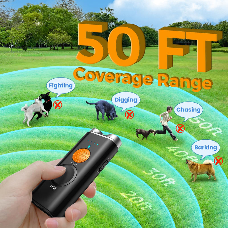 Dog Bark Deterrent Device, Anti Barking Device for Dogs Training Indoor Outdoor No More Bark Ultrasonic 2X Effective Emitters 50ft Range to Stop Neighbors Dog Barking Rechargeable for All Dogs Black