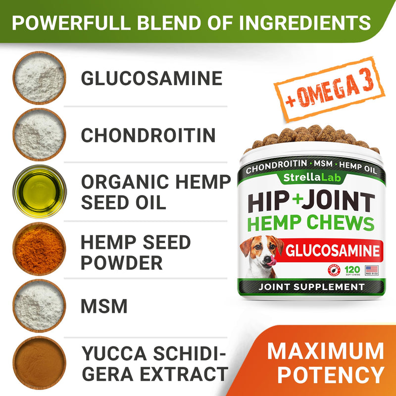 Hemp Treats - Glucosamine Dog Joint Supplement + Omega 3 - w/Hemp Oil - Chondroitin, MSM - Advanced Mobility Chews - Joint Pain Relief - Hip & Joint Care - Chicken Flavor - 120 Ct - Made in USA 120Ct (Chicken) (HIP&JOINT) Hemp Chews