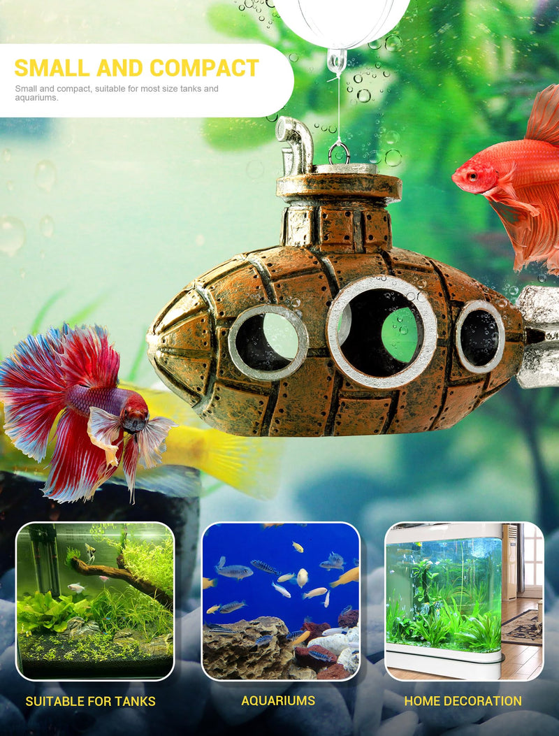 Floating Fish Tank Decoration, Little Cute Retro Submarine Aquarium Decoration with Two Float Balls , Resinous Fish Tank Accessorie, Safe Fish Toy for Betta Cichlid Goldfish Shrimps Hermit Crabs Floating submarine 4.9'' - PawsPlanet Australia