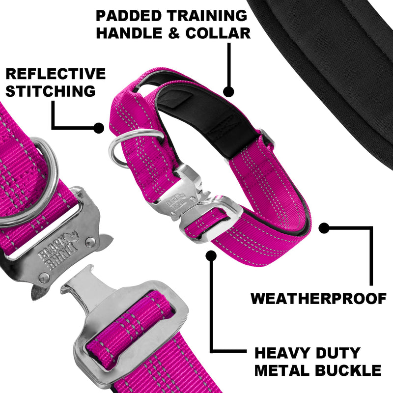 Black Rhino - Tactical Dog Collar Ultra-Soft Neoprene Padded Dog Collars for Medium, Large, XL Dogs | Heavy Duty Metal Buckle | Padded Handle for Dog Training (Large, Pink)