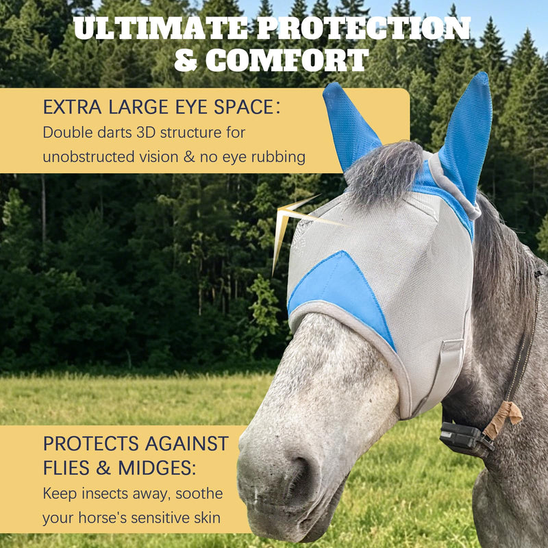 Horse Fly Mask with Ears, Breathable UV Protection Mesh, Large Eye Space No Rubbing, Soft Fleece Trim, Adjustable Comfort Fit, Lightweight Horse Mask for Summer Turnout (M) Medium