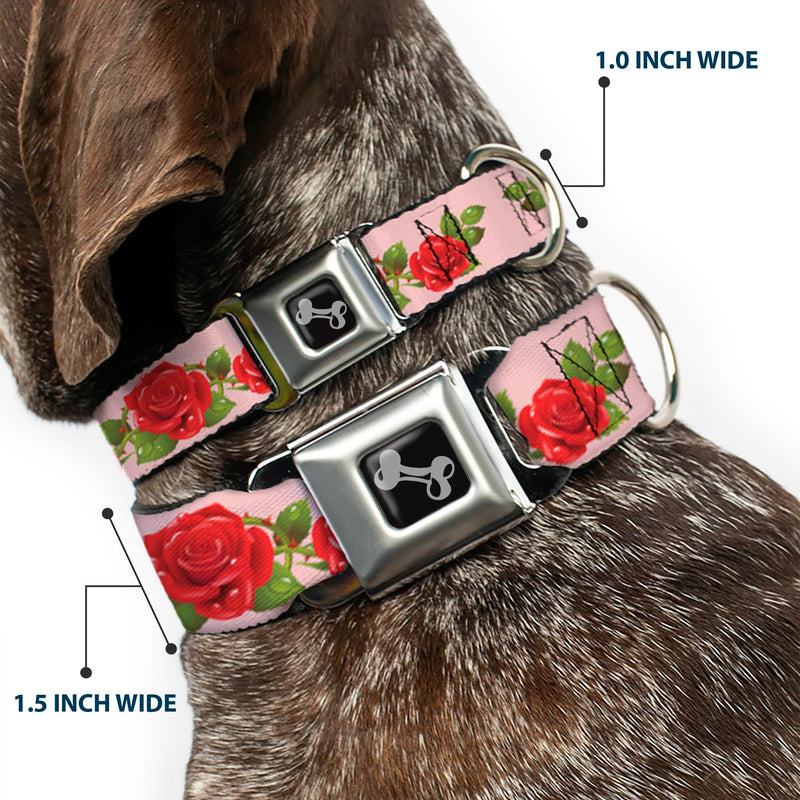 Dog Collar Seatbelt Buckle Rose Trio Leaves Pink 18 to 32 Inches 1.5 Inch Wide 1.5" Wide - Fits 18-32" Neck - Large - PawsPlanet Australia