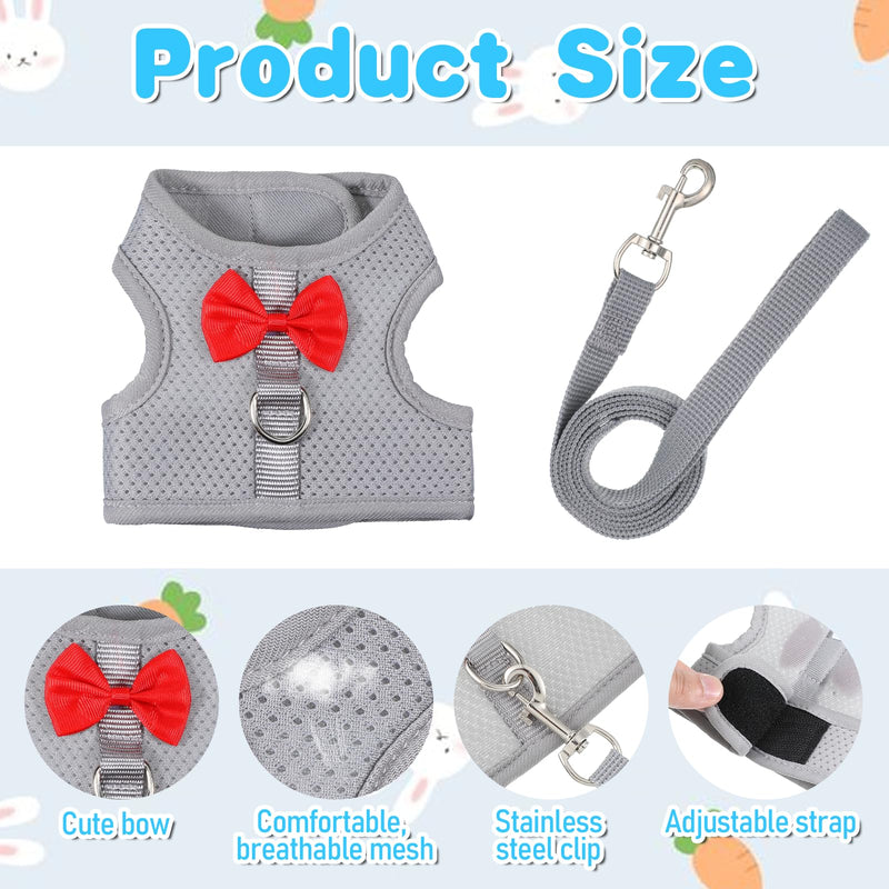 Rabbit Harness and Leash Set with a Cute Bow, Soft Mesh Vest-Style Carrier, Adjustable Rabbit Vest, Suitable for Rabbits, Kittens, Ferrets, Miniature Pigs, and Puppies, Gray Size M - PawsPlanet Australia