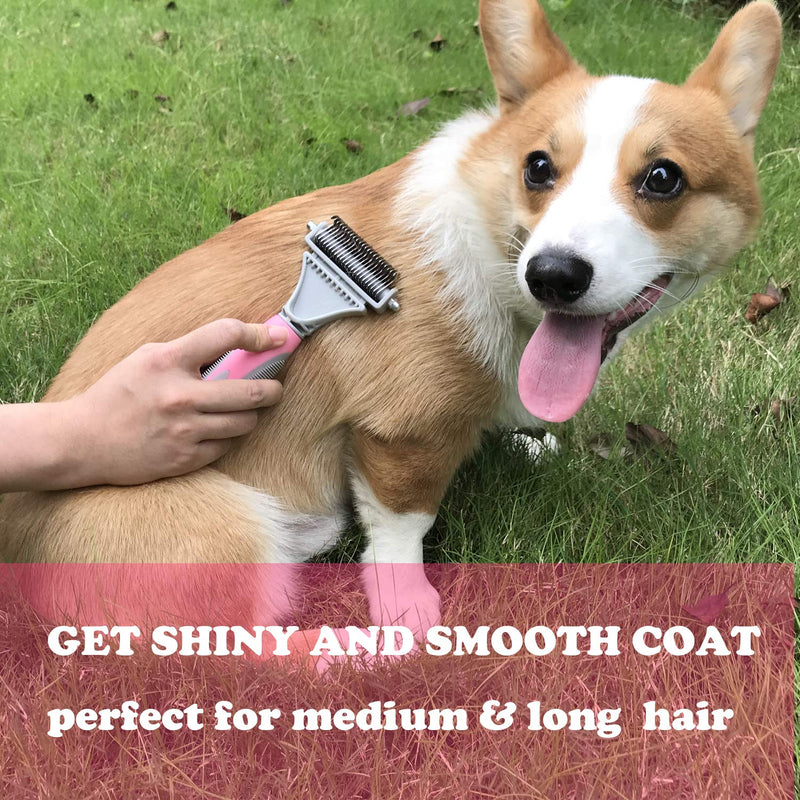 Pet Dematting Comb - 2 Sided Undercoat Rake for Cats & Dogs - Safe Grooming Tool for Easy Mats & Tangles Removing - Medium and Long Haired Cats Dogs Brush for Shedding Pink