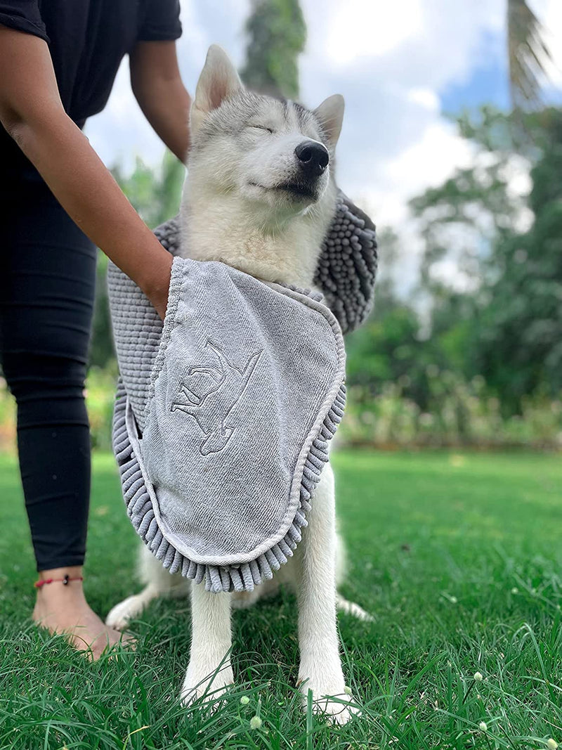 Tuff Pupper Quick Dry Towel for Dogs | Ultra Absorbent Microfiber Shammy | Extra Large 35x15 Size Dog Bath Towel | Comfortable Hand Pockets | Indoor Outdoor Use | Durable Material | Machine Washable Cool Grey - PawsPlanet Australia