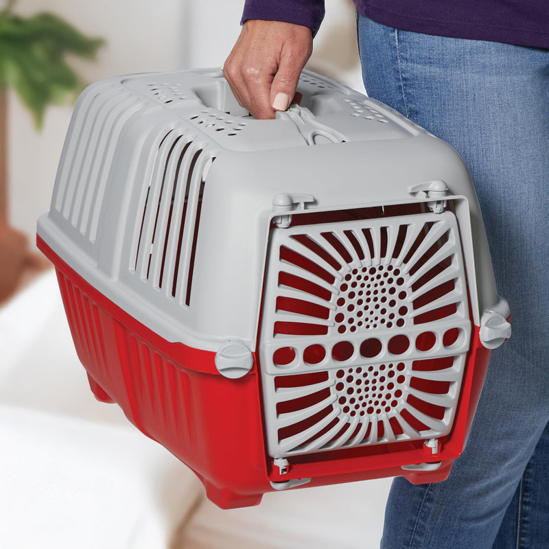 MidWest Homes for Pets Spree Travel Carrier – Hard-Sided Dog & Cat Carrier, Small Pet Travel Crate with Handle, Ventilated Design, Durable Plastic Door, Easy Assembly, 19-Inch, Red 19 Inch