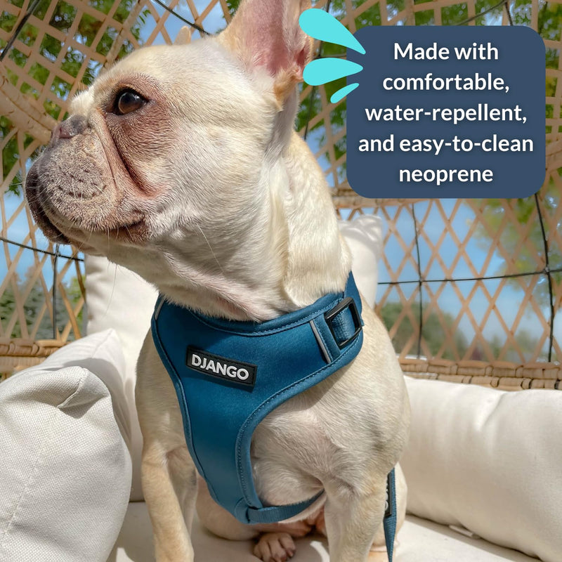 DJANGO Adventure Dog Harness – Comfortable, Durable, and Reflective Neoprene Dog Harness for Outdoor Adventures and Everyday Wear – Adjustable Design with Solid Brass Hardware (Small, Indigo Blue) S