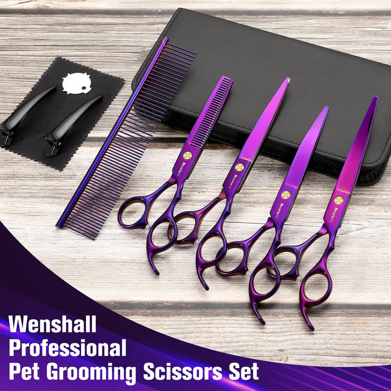 Professional Dog Grooming Scissors Set - 6.5" Thinning, 7" Straight, 7" Up-Curved, 7" Down-curved Scissors and Comb for Dog Cat Pet (Purple) Purple - PawsPlanet Australia