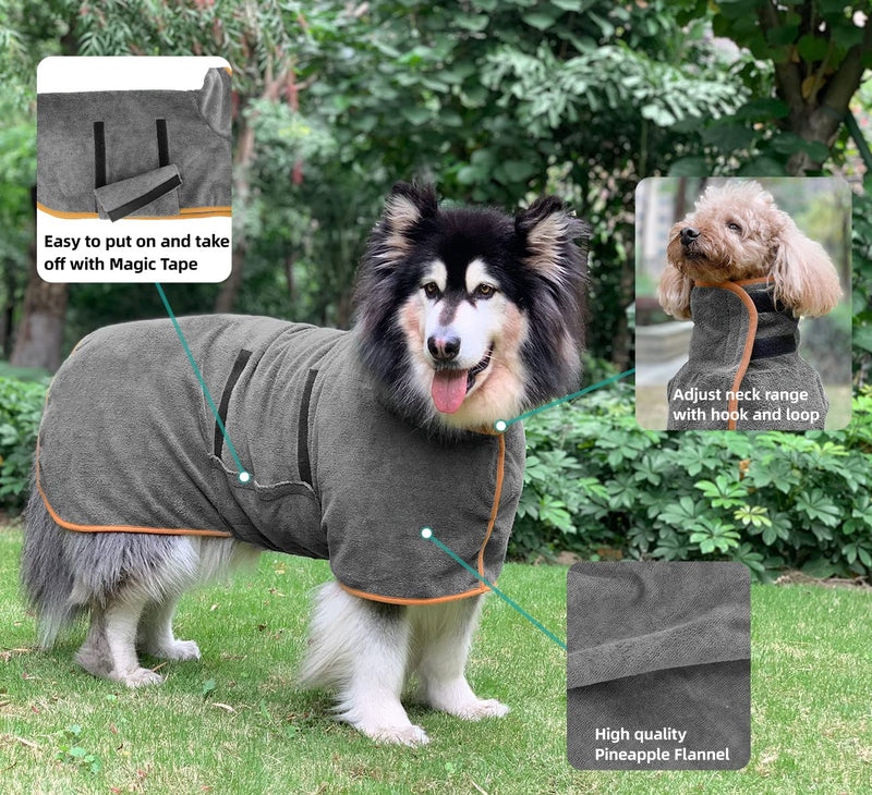 Dog Drying Coat Bathrobe Towel, Microfibre Material Fast Drying Super Absorbent Dog Bath Robe, Pet Quick Drying Moisture Absorbing with Adjustable Collar and Waist Small Grey