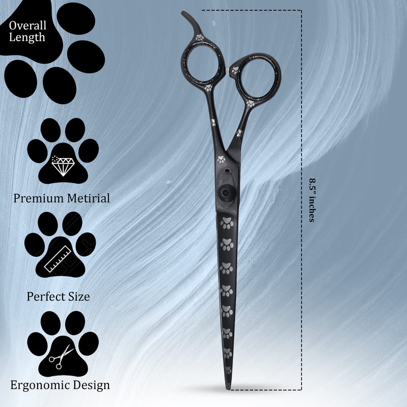 Professional Dog Grooming Scissors/Shears, Straight, with Paw Prints for Dogs, Cats & Pets (Right Handed, Black, Stainless Steel 8 Inch) Straight Scissors - PawsPlanet Australia