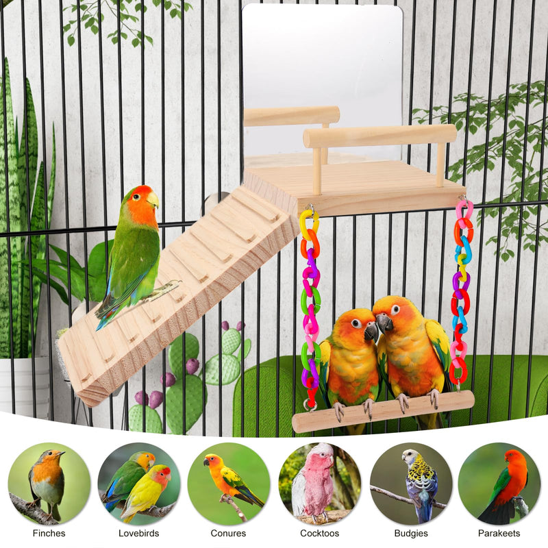 KyoukiBird Perch Platform Bird Toys with Bird Mirror Climbing Ladder Swing, Parakeet Cage Accessories - for Cockatiels, Lovebirds, Budgies,Pacific Parrotlets,Finch,Canaries - Wooden Play Gym - PawsPlanet Australia