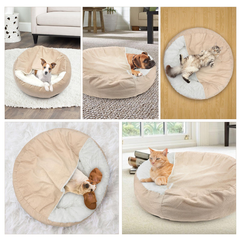 Dog Bed Warm with Hooded Blanket, Anti-Anxiety Puppy Pet Bed Cave Super Soft, Non-Slip Bottom, Machine Washable, Cozy Donut Indoor Pet Beds Fluffy for Dogs and Cats, Fits up to 26.5lbs, 23.6inch Beige S-23.6 inch - PawsPlanet Australia