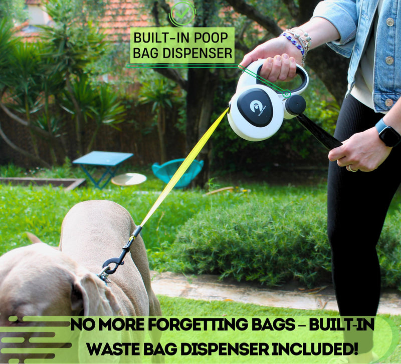 Snuggle Paws 16ft Retractable Dog Leash – All-in-One with LED Flashlight, Poop Bag Holder, Heavy Duty Chew-Proof Steel Cable & Reflective Tape – Compact, No-Tangle Leash for Small Dogs up to 44 lbs S | 16.4 ft | 44 lbs - PawsPlanet Australia