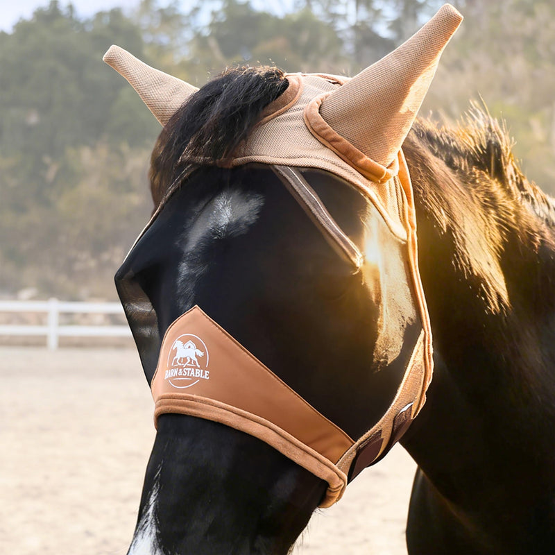 BARN & STABLE Fine Mesh Horse Fly Mask with Ears Lightweight UV Protection Fly Mask for Horses Large 3D Eye Space with Soft Fleece Trim Adjustable Straps Gold