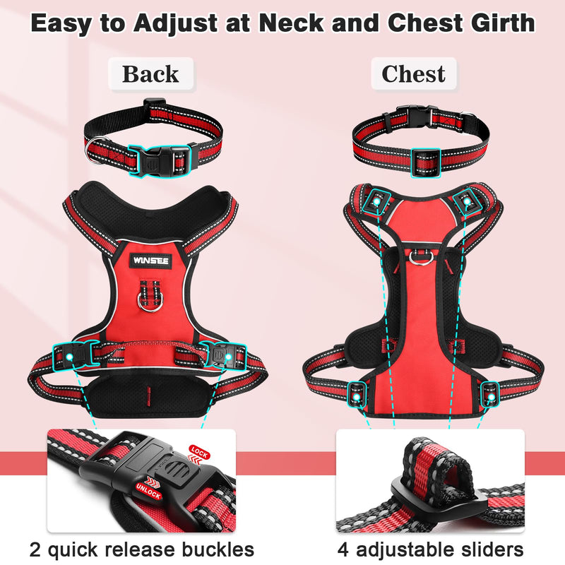 WINSEE Dog Harness No Pull, Pet Harnesses with Dog Collar, Adjustable Reflective Oxford Outdoor Vest, Front/Back Leash Clips for Small, Medium, Large, Extra Large Dogs, Easy Control Handle for Walking X-Large Red