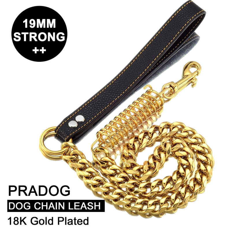 Pradog Dog Chain Leash Dog Heavy Duty Strong Chew Proof 19mm 2ft 3ft 4ft 18K Gold Chrome Stainless Steel Cuban Link Chain Labor-Saving Spring with Leather Handle for Medium Large Dogs(3FT) 3.0 FT ( For S, M, L Dog) - PawsPlanet Australia