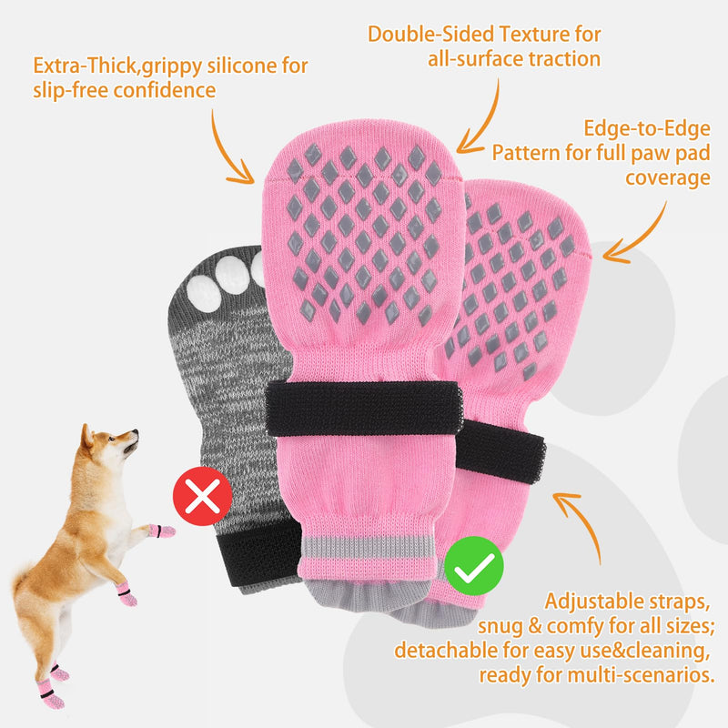 KOOLTAIL Anti Slip Dog Socks Booties to Prevent Licking Paws Scratching, Pet Boots&Paw Protector for Hardwood Floors, Dog Shoes for Winter, Traction Control Grip Socks for Small Medium Large Dogs XL X-Large（4 Pack） Pink