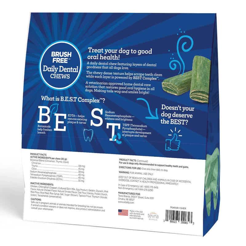 Vetality Brush Free Daily Dental Care Chews for Dogs | Cleans Teeth and Freshens Breath | 30 Count | B.E.S.T. Complex Provides Complete Oral Cleaning and Tartar Control 30 Count (Pack of 1)