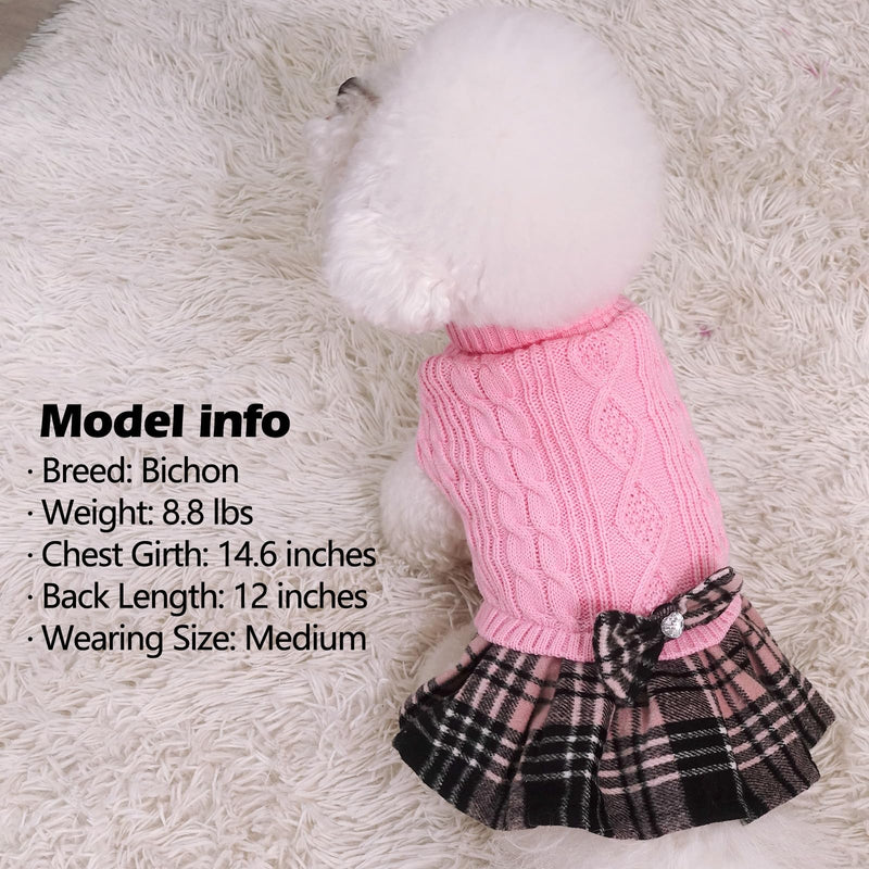 KYEESE Dog Sweaters for Small Dogs Girl Warm Dog Sweater with Bowtie Soft Small Medium Dog Sweater Stretchy Dog Clothes Pullover Turtleneck Dog Sweater Dress Knitwear Dog Coats Pet Sweater Large（13-19lbs） 2# Pink - PawsPlanet Australia