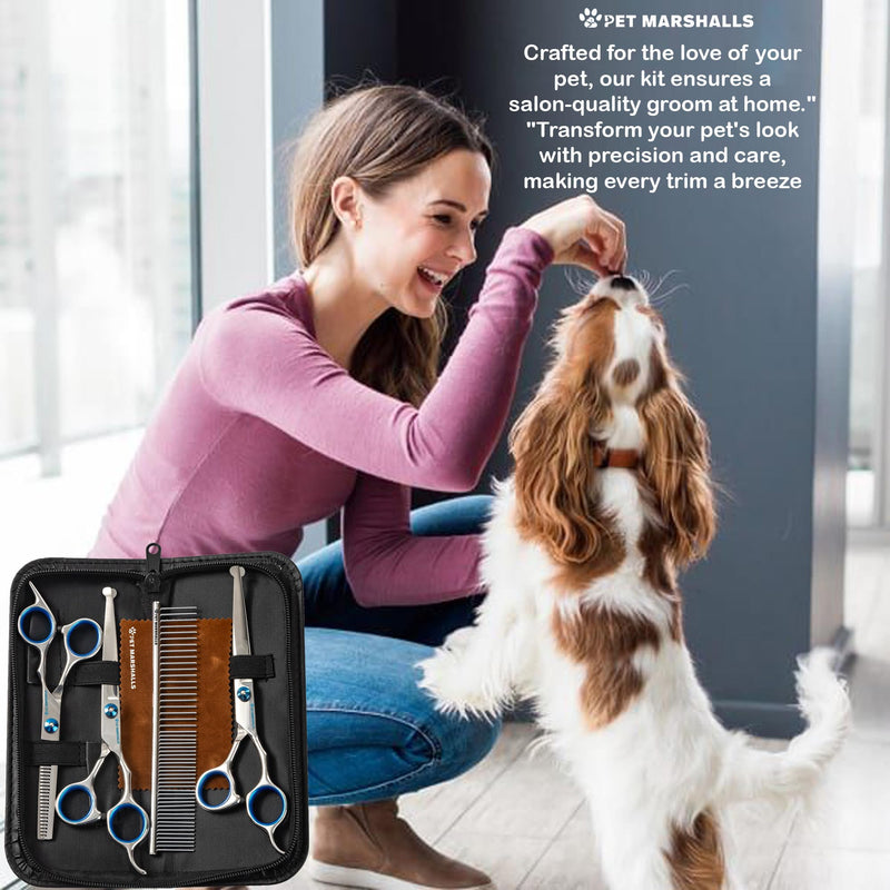 Professional Pet Grooming Kit 5-in-1 - Stainless Steel Trimming Scissors Set with Straight Hair Comb for Small and Large Pets - PawsPlanet Australia