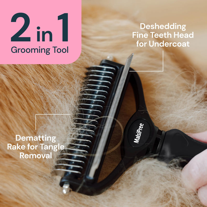 MalsiPree Dog Grooming Brush for Shedding - 2 in 1 Deshedding Tool and Undercoat Rake for Long and Short Haired Dogs with Double Coat - Dematting Comb and Pet Hair Deshedder Supplies (Large, Black) L