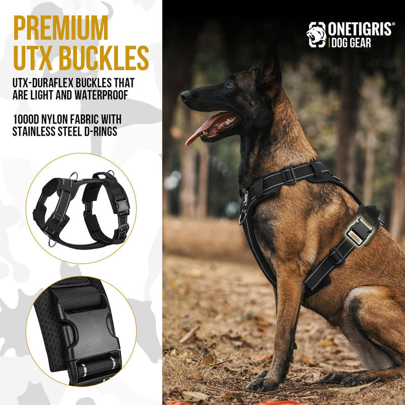 Onetigris Dog Harness Large Dog No Pull,Diesel Adjustable Tactical Harness Soft Padded Chest for medium and large dogs with Reflective, 1 Handle, 3 D-Rings(Black, M) Black M: 14-27kg (Neck: 40-58cm, Chest: 60-81cm) - PawsPlanet Australia