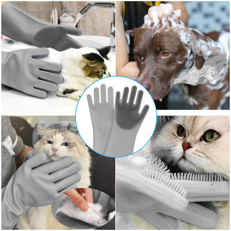 Pet Grooming Gloves - High-Density Silicone Gloves with Enhanced Five Finger Design for Massaging and Bathing Dogs and Cats (Grey) Gray - PawsPlanet Australia