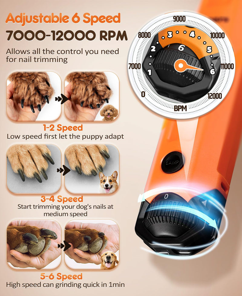 Gimars Upgrade Super Quiet Adjustable 6 Speed Powerful 12000rpm Allow All Controll Dog Nail Grinder 45 db Dual LED Light Pet Nail Grinder USB Rechargeable 3 Ports Nail File for Large Medium Small Dog Orange - PawsPlanet Australia