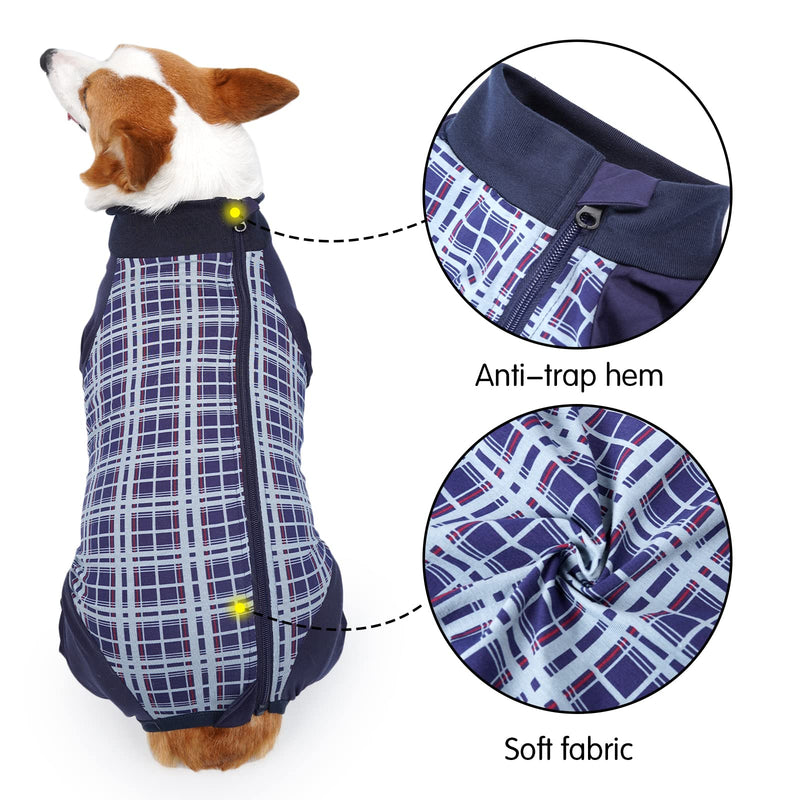 HEYWEAN Dog Recovery Suit - Long Sleeve Bodysuit for Post-Surgery Dogs - Zip Onesie, Wound Protector, Cone-E Collar Alternative Blue Plaid XXXL