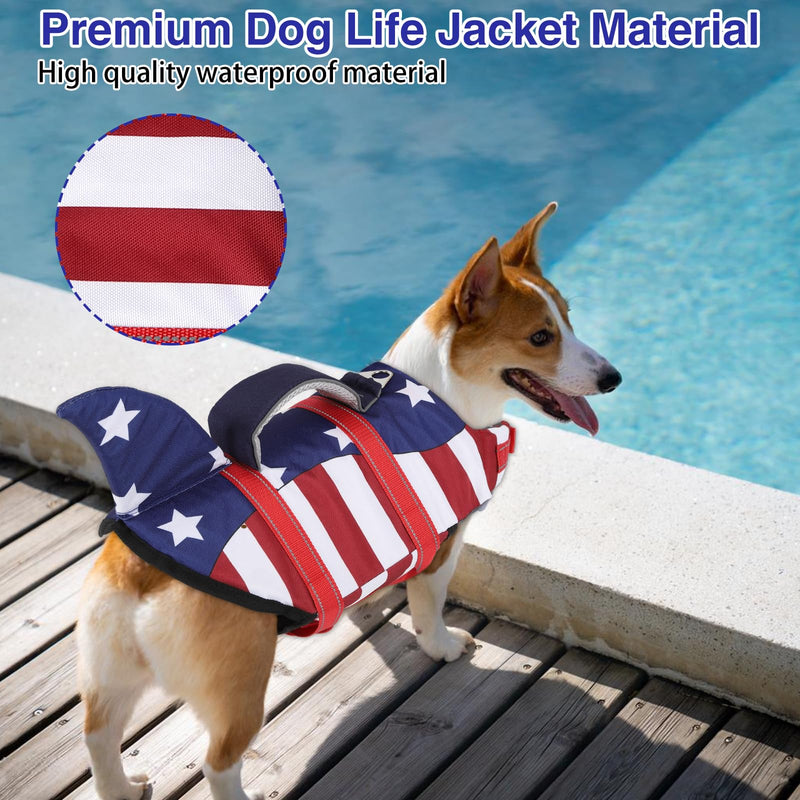 TDTOK Dog Life Jacket Shark Fin American Flag Pattern with Rescue Handle and Reflective Stripes Suitable for 4th of July, High Buoyancy Life Safety Vest for Dogs Swimming and Boating X-Small - PawsPlanet Australia