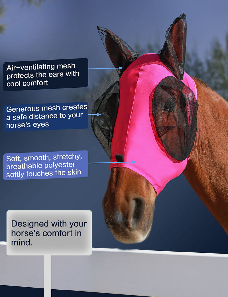 Horse Fly Mask with Ears, UV Protection, Breathable Mesh, Snug Fit Wear Under Halter, Fly Mask for Horses Hot Pink Full Size Large