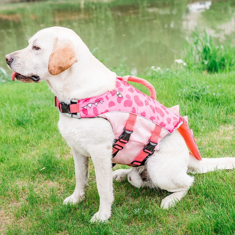 BEAUTYZOO Dog Life Vest for Swimming/Boating, Alligator Dog Life Jacket for Small Medium Large Dogs French Bulldog Puppy, Shark Ripstop Reflecitve Dog Water Floating Vest for Pool Beach,L Pink