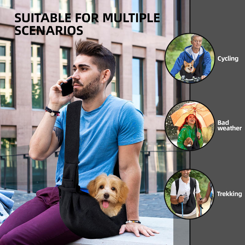 Dog Carrier Sling - Reversible Puppy Carrier Purse with Storage Pocket, Hand-Free Dog Sling Carrier for Carry Small Dogs and Cats，Travel Safety Harness, Dog and cat Harness (Black) - PawsPlanet Australia