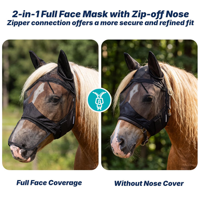 Horse Fly Mask with Ears and Detachable Nose Cover, UV Protection Breathable Mesh Equine Mask for Turnout & Training, Extra-Wide Strap for Sensitive Eyes, Adjustable (Black, L-Horse) BLACK
