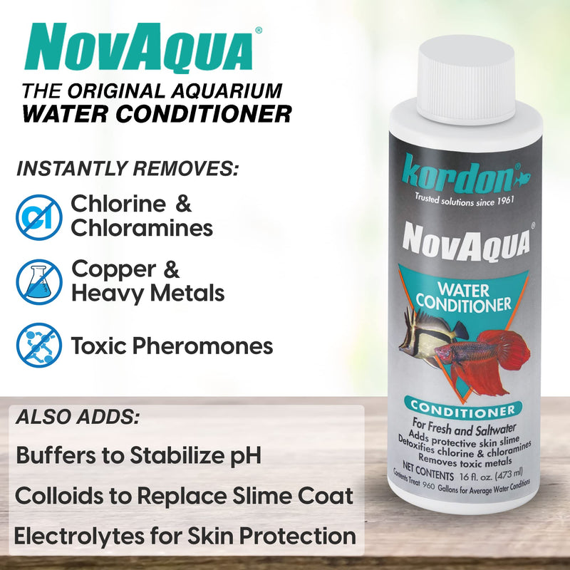 KORDON Novaqua Aquarium Water Conditioner for Freshwater & Saltwater – Instantly Detoxifies Chlorine, Chloramines, & Heavy Metals in Tap Water, Replaces Fish Slime Coat, Adds pH Buffers, 16-ounces - PawsPlanet Australia