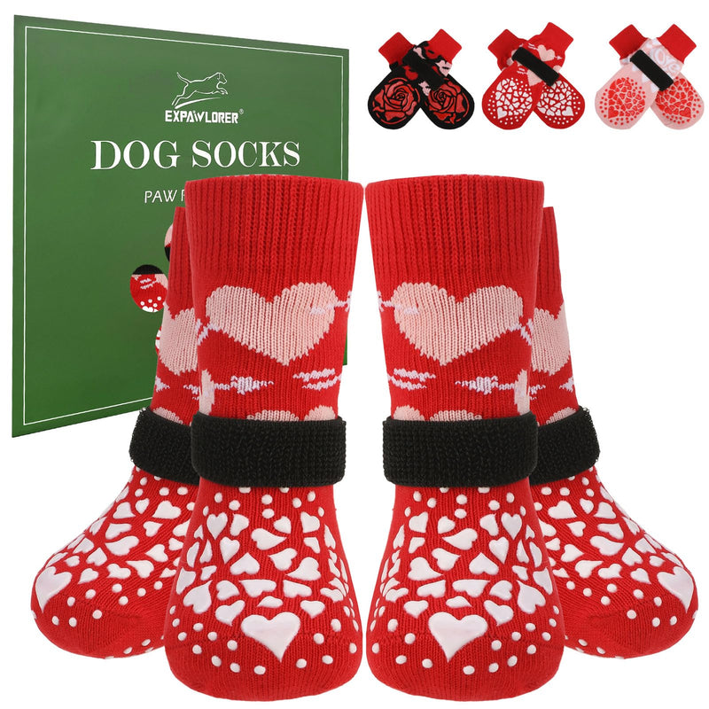 EXPAWLORER Dog Socks to Prevent Licking Paws, Valentine's Day 4 Pcs Anti Slip Dog Socks with Grippers, Dog Shoes for Hardwood Floors, Dog Booties for Small Medium Large Senior Dogs, Red M