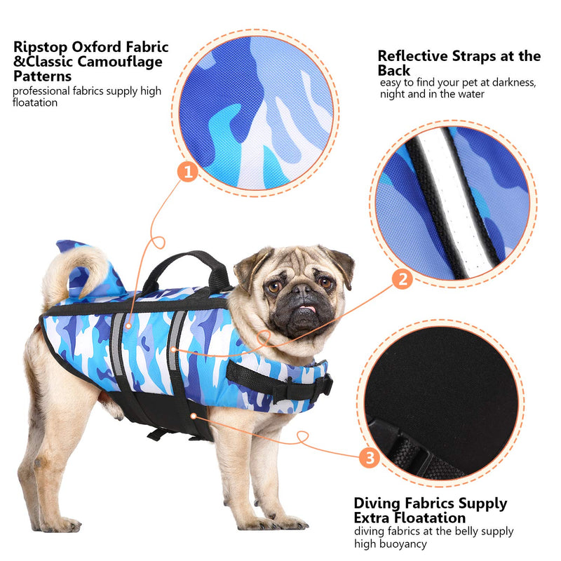 Queenmore Dog Life Jacket Pet Safety Vest High Buoyancy Camouflage Color Cute Shark with Strong Rescue Handle and Leash Ring for Boating, Canoeing, Surfing, Hunting X-Small Blue Camo