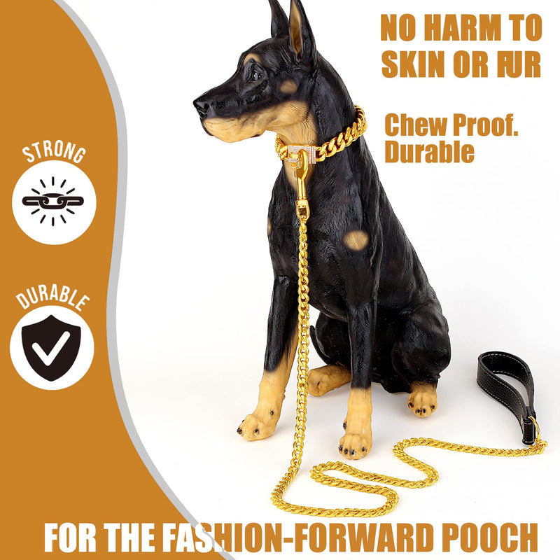 Dog Chain Leash Gold Dog Leash 4FT 18K Gold Stainless Steel 10mm Cuban Link Dog Leash with Comfortable Genuine Leather Handle for Puppy Small Medium Large Dogs(G, 4.3FT) Total Length 4.3FT - PawsPlanet Australia
