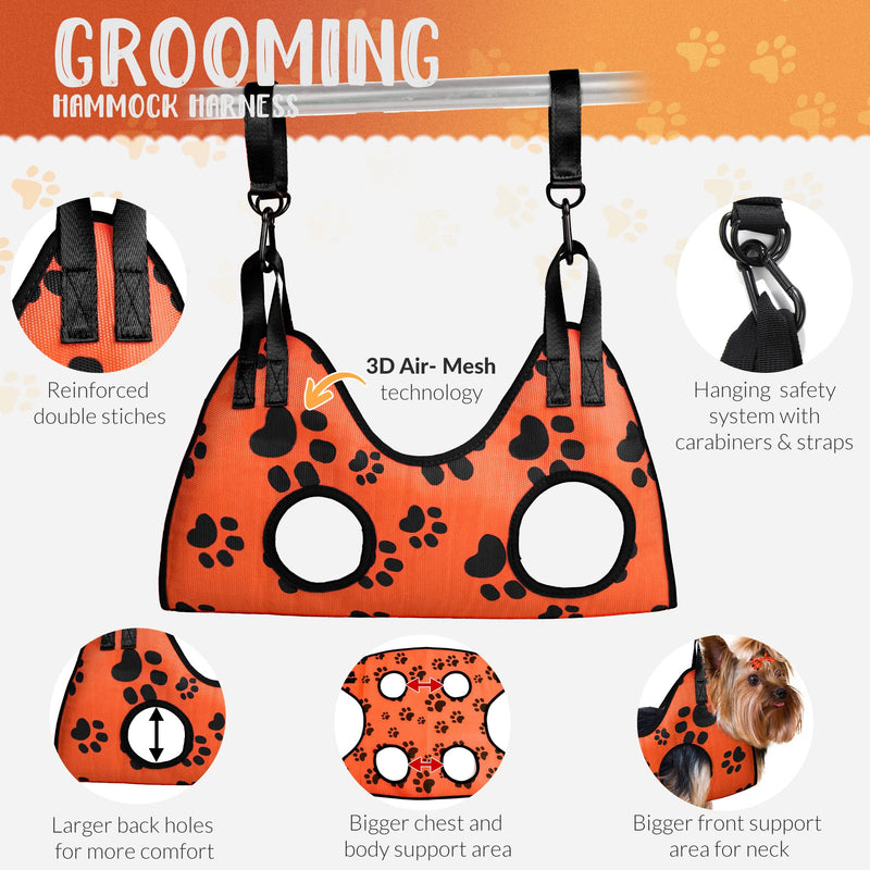 2025 16-in-1 - Dog Grooming Hammock - Dog Hanging Harness for Nail Trimming - Pet Grooming Hammock - Dog Sling for Nail Trimming - Dog Nail Trimming Hammock - Dog Holder for Nail Trimming PREMIUM SET - Orange with black paws XS - PawsPlanet Australia