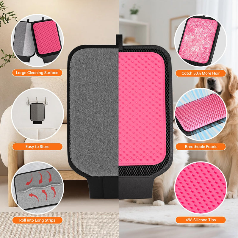 Dual-Sided Pet Hair Removal Glove, Pet Hair Remover with Adjustable Wrist Strap, Soft Silicone Shedding Brush for Dogs & Cats, Pet Hair Gloves for Couch, Carpet, Clothing (Pink) - PawsPlanet Australia