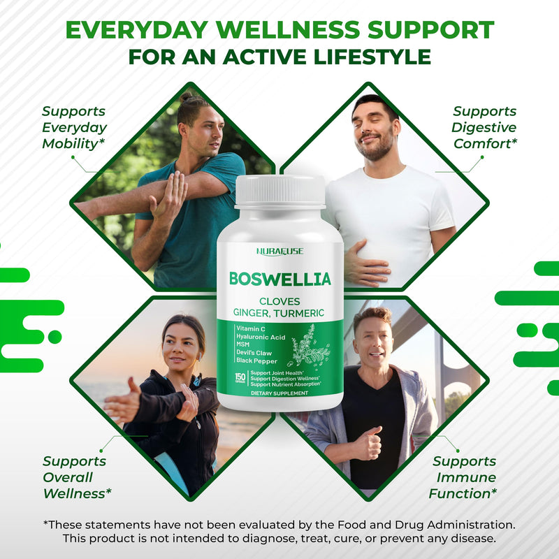 Boswellia with Cloves, Ginger, Turmeric, Vitamin C, Hyaluronic Acid, MSM, Devil's Claw – Supports Joint Health, Digestive Wellness* & Nutrient Absorption* 150 count (pack of 1) - PawsPlanet Australia