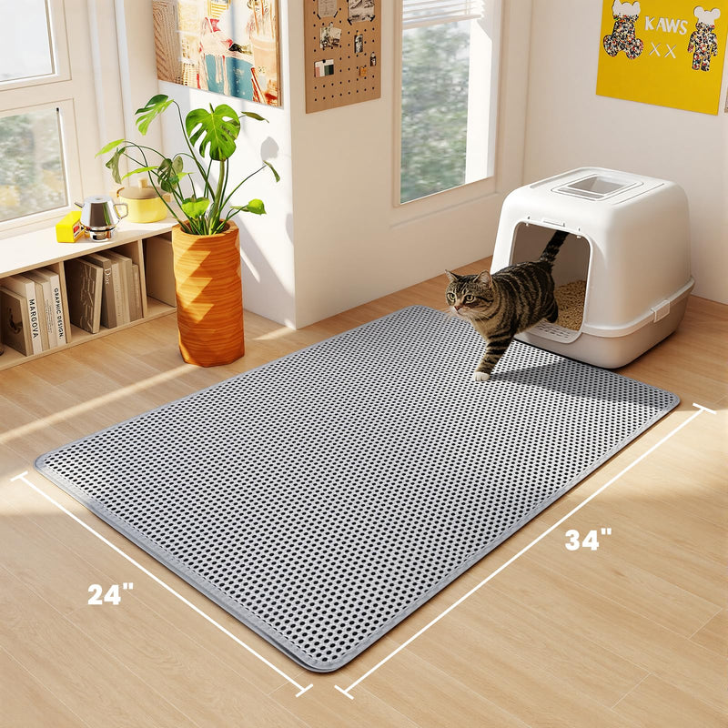 Large Cat Litter Box Mat for Cats, Double Layer Honeycomb Cat Litter Trapping Mats, Waterproof, Urine Proof,Non-Slip Litter Pad for Indoor Kitty Cat Litter Mat, Easy to Clean Grey (33.8'' x 23.6'') 33.8'' x 23.6'' - PawsPlanet Australia