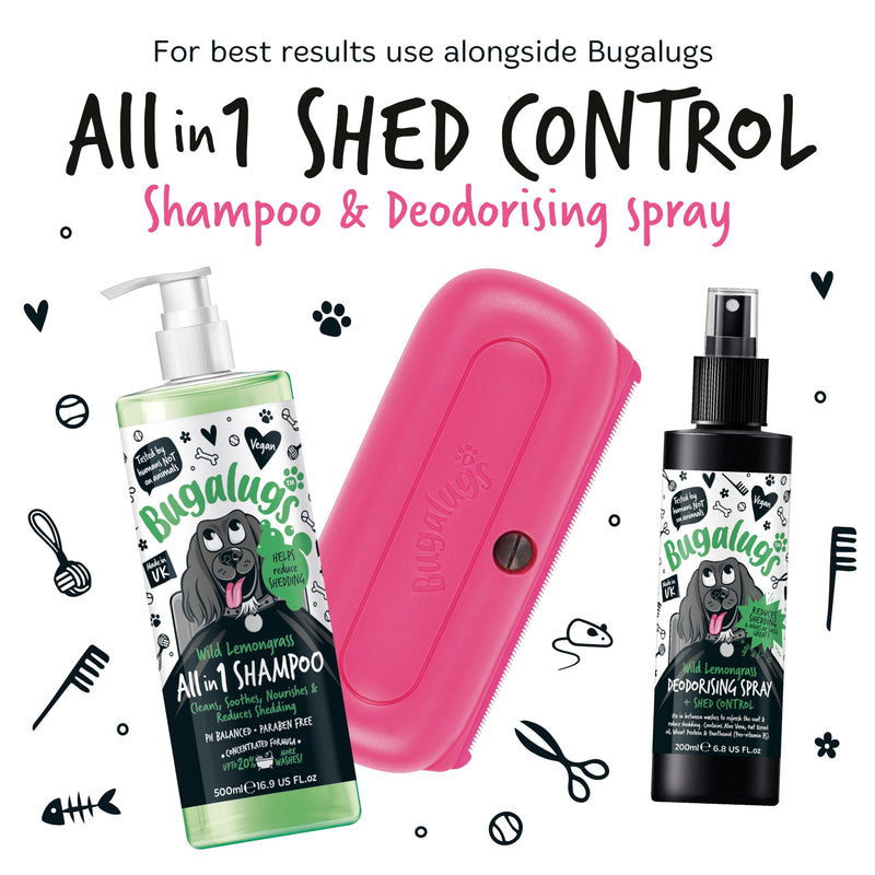 Bugalugs Deshedding Brush for Dogs, Cats, Horses - Pet Grooming Tool that is Gentle & Effective With Wide Shallow Comb, Smooth Groomer for Dog, Cat and Horse Pink