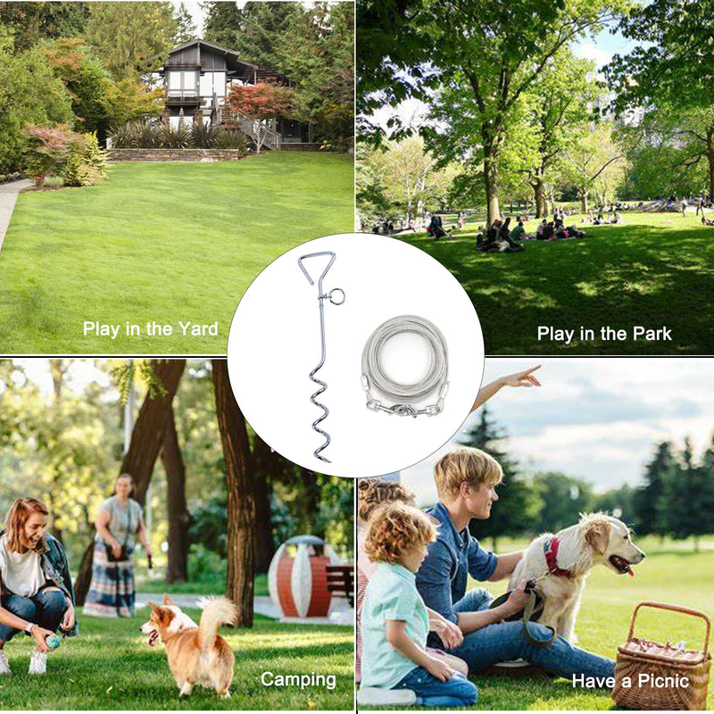 15 FT Dog Tie Out Cable and Stake Dog Runner for Yard Dog Tie Out Cable and Stake Dog Stakes for Outside, Camping(15ft Cable, 16" Stake, Silver) - PawsPlanet Australia