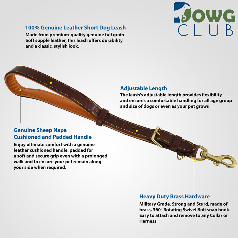 Genuine Leather Short Lead, Padded Handle, Strong Traffic and Training Leash with Adjustable Length, 1" Wide, with 360º Heavy Duty Metal Hook (Brown) Brown - PawsPlanet Australia
