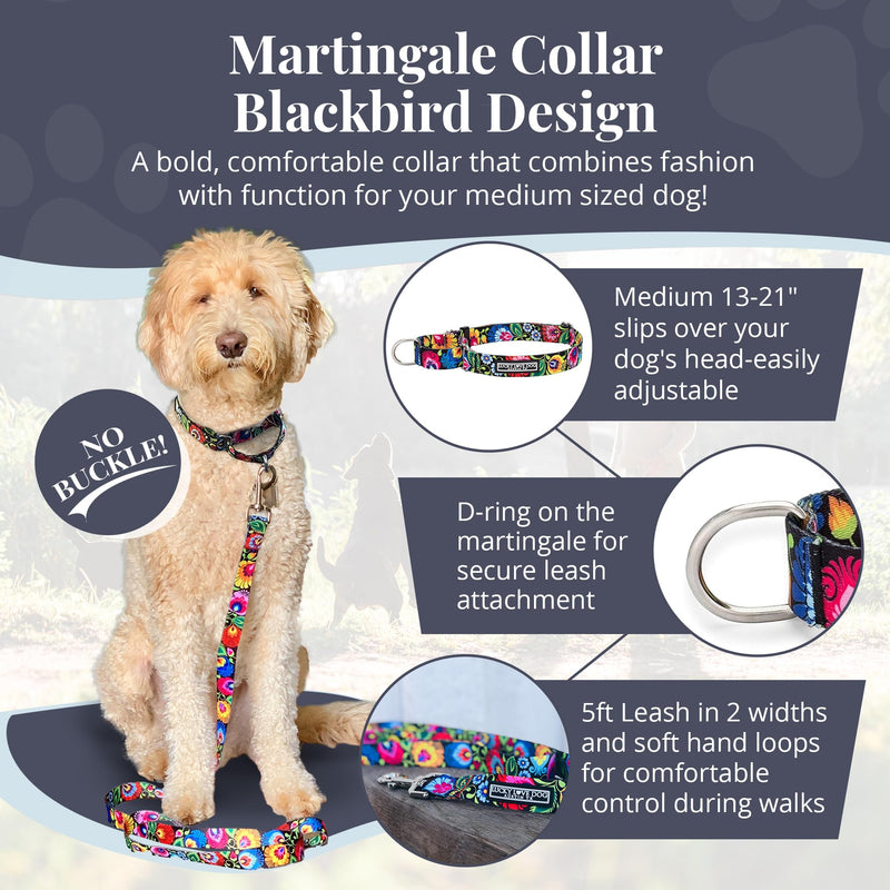 Lucky Love Dog Martingale Dog Collar - Adjustable, No-Slip, Durable, & Soft Webbing Collar for Male and Female Dogs Ideal for Training & Walking - Blackbird, Medium Medium Collars (13-21") - PawsPlanet Australia
