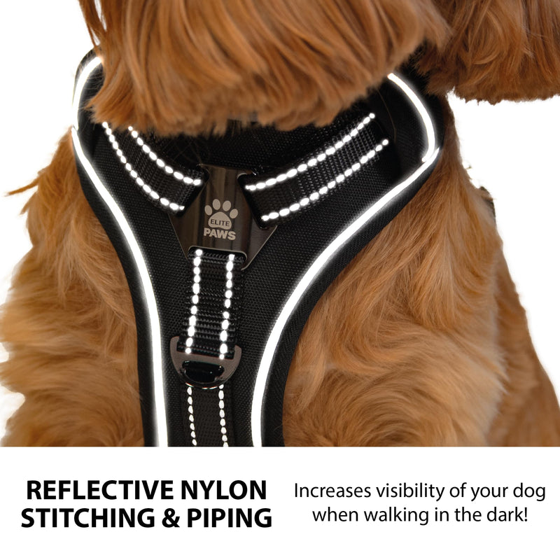 Elite Paws® UK: Premium Metal Buckle Dog Harness, Strong, Safe, Padded, Comfortable, Adjustable, Reflective, Front/Back Lead Attachments, Soft Handle, Pet Walking Vest/Training Product (Black, Medium) M (small to smaller medium dogs) Black - PawsPlanet Australia