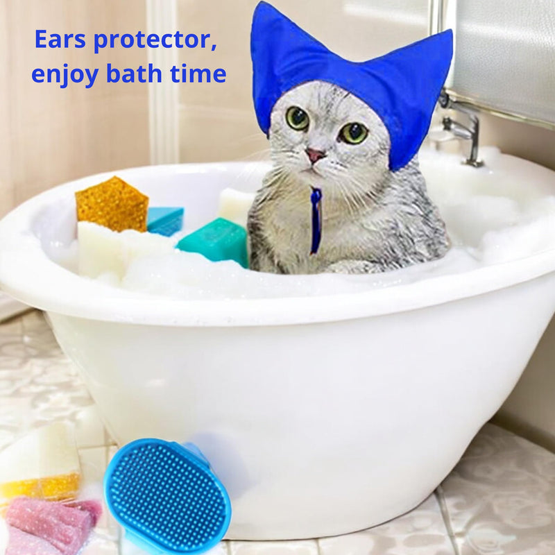 Cat Shower Cap and Bath Brush set, Cat Ear Cover and Grooming Bathing Brush for Cats Puppy Small Dogs, Cat Ear Protection Stuff, Small Dog Cat Bathing Supplies, Pet Accessories (Blue) Blue - PawsPlanet Australia