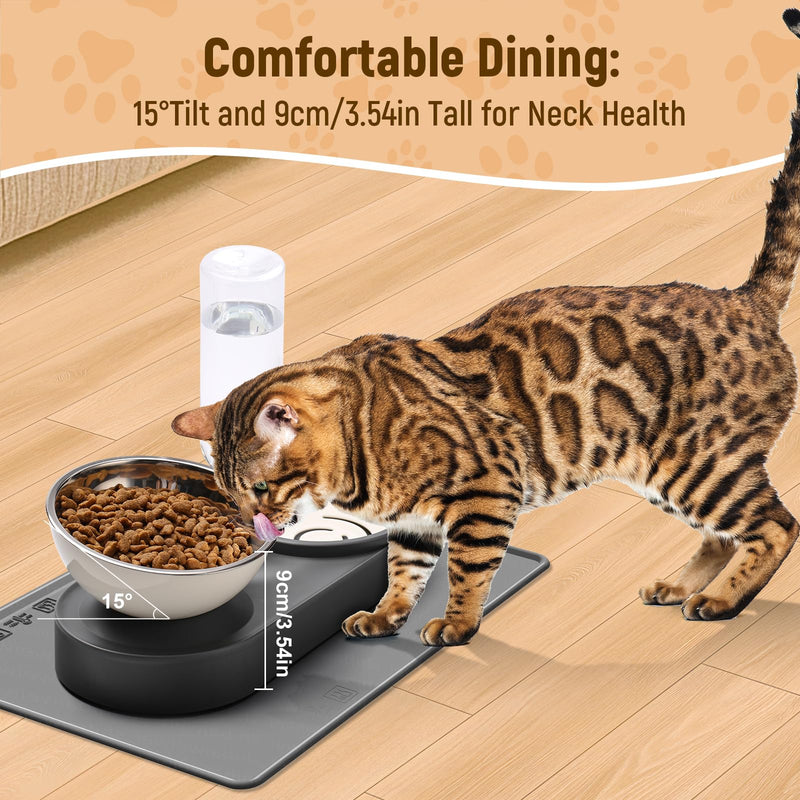 Marchul Raised Cat Bowls with Stand Tilted 15°, Stainless Steel Elevated Food and Water Bowl, Cat Food Bowl with Gravity Water Bottle 500ml, with Non-Slip Silicone Mat, Easy Clean for Cats/Small Dogs Bowl & Water Bottle with Mat